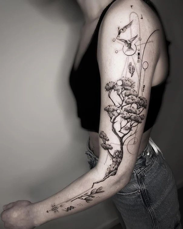 Fineline Tree, Birds tattoo on Full Sleeve