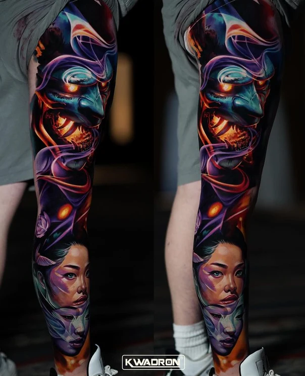 Japanese Demon, Mask tattoo on Full leg