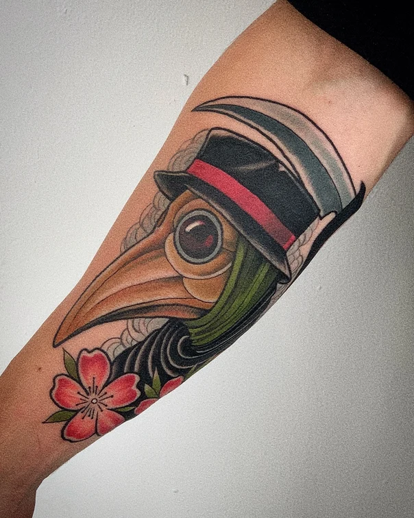 Neo Traditional Plague doctor, Flower tattoo on Forearm