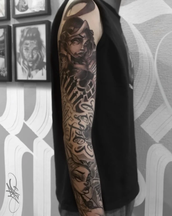Black & Grey Portrait, Lettering tattoo on Full Sleeve