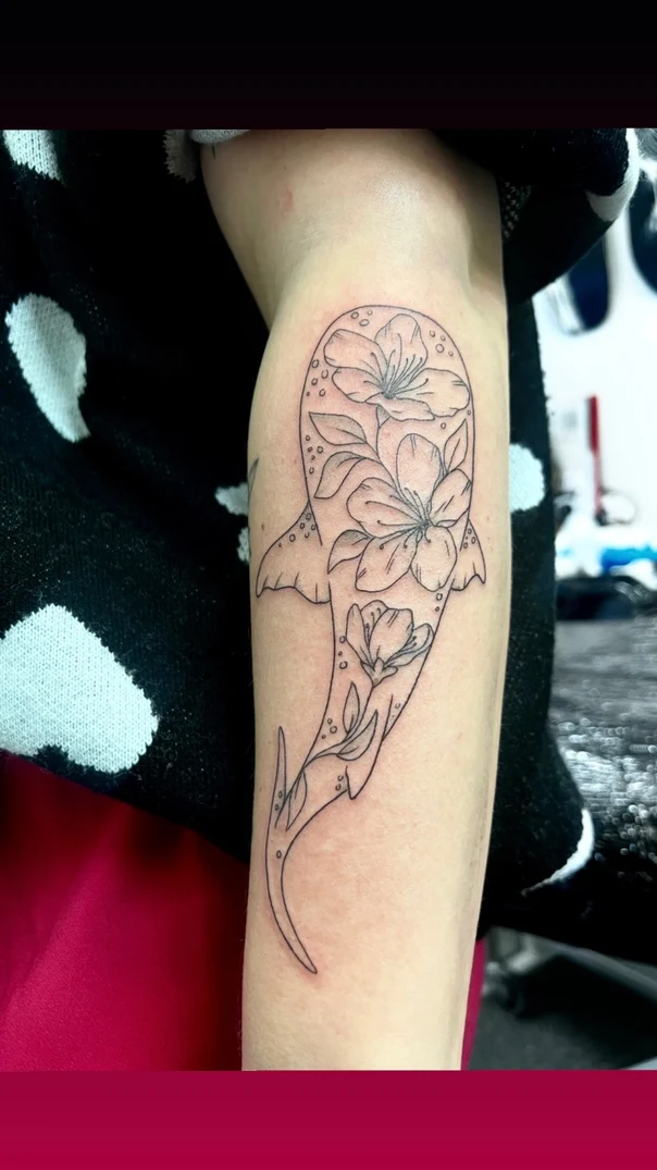 Linework Shark, Flowers tattoo on Forearm