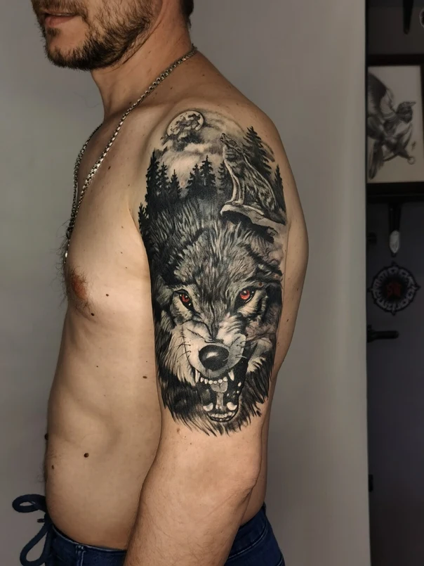 Realism Wolf, Forest tattoo on Upper Arm