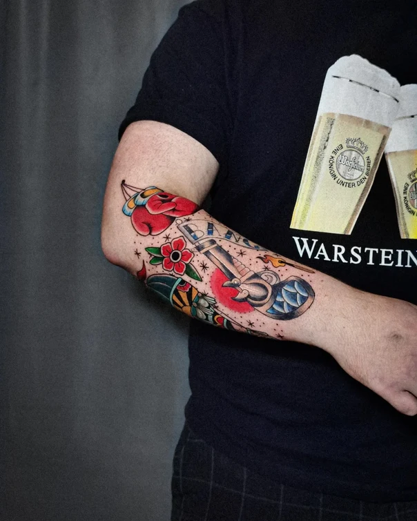Traditional Boxing glove, Flower tattoo on Forearm