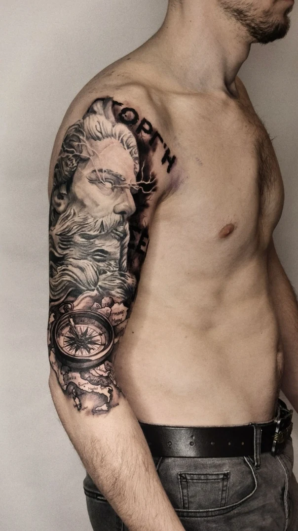Realism Portrait, Compass tattoo on Full Sleeve