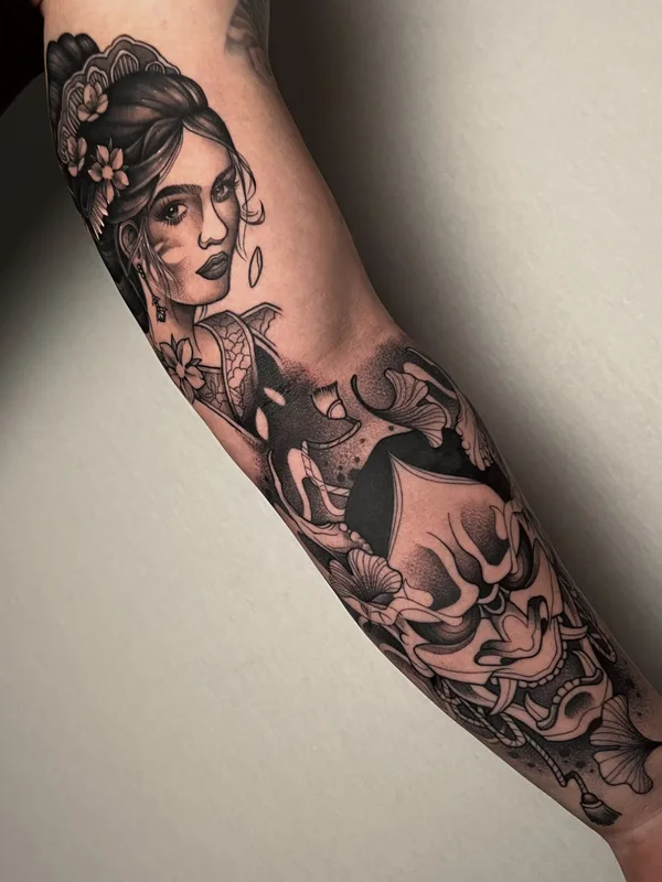 black and grey japanese Tatuaggio su forearm #68309 | Tatuatore Jaris Ink