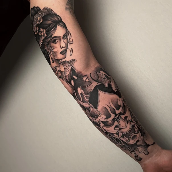 Japanese Geisha, Oni mask tattoo on Forearm