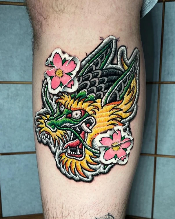 Japanese Dragon, Flowers tattoo on Calf