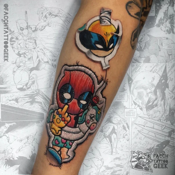Cartoon Deadpool, Wolverine tattoo on Forearm