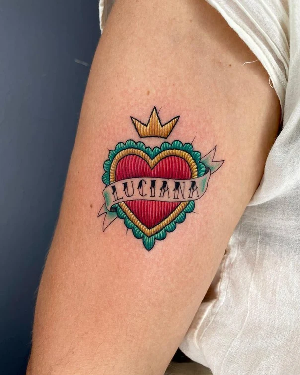 Traditional Heart, Crown tattoo on Bicep