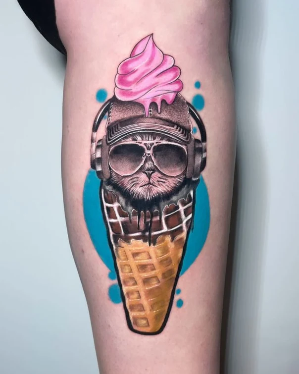 Illustrative Cat, Ice cream tattoo on Thigh