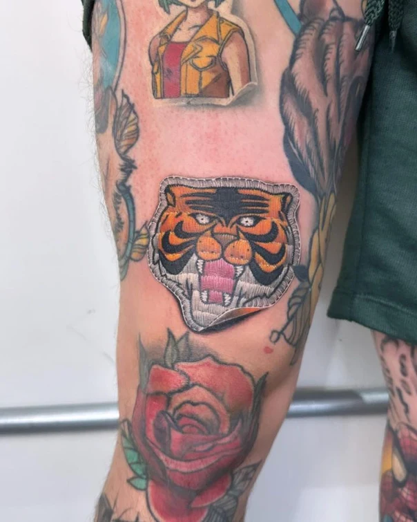 Traditional Tiger, Rose tattoo on Thigh