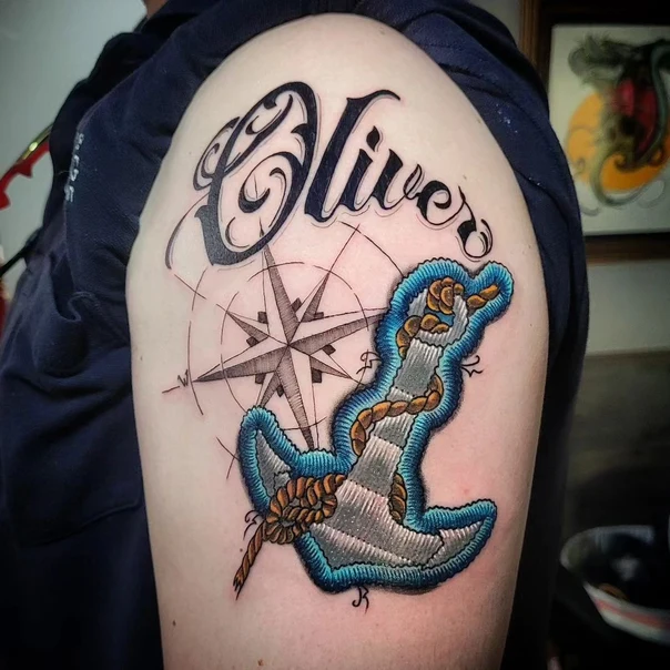 Neo Traditional Anchor, Compass tattoo on Shoulder