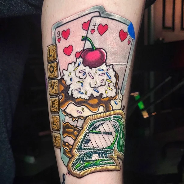 New School Playing cards, Cupcake tattoo on Forearm