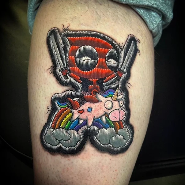 Cartoon Deadpool, Unicorn tattoo on Thigh