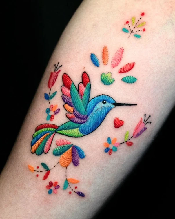 Illustrative Hummingbird, Flowers tattoo on Forearm