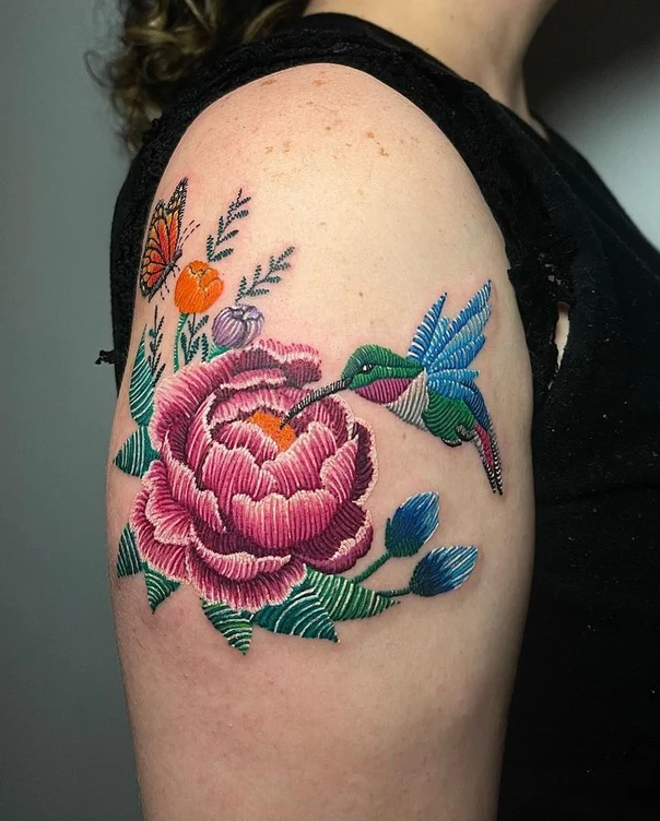 Illustrative Flower, Hummingbird tattoo on Shoulder