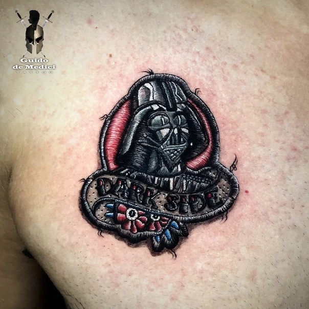 Neo Traditional Darth vader, Lettering tattoo on Chest