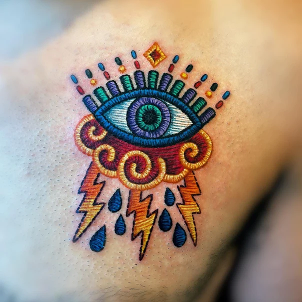 Illustrative Eye, Lightning tattoo on Chest