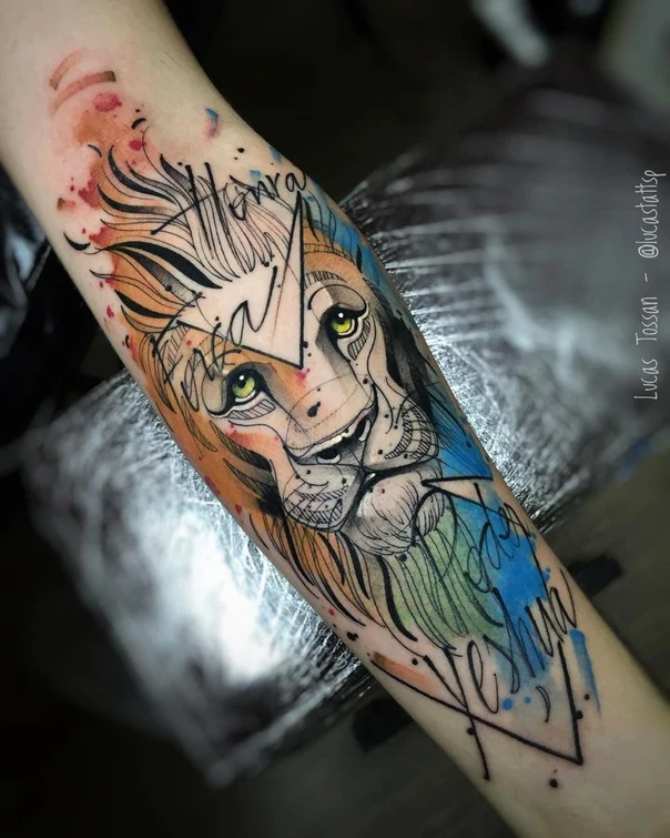 Watercolor Lion, Lettering tattoo on Forearm