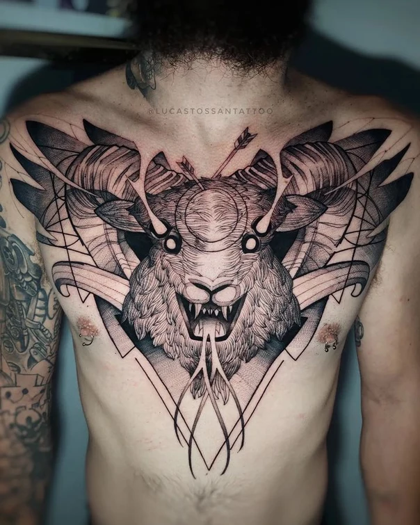 Blackwork Deer, Arrows tattoo on Chest