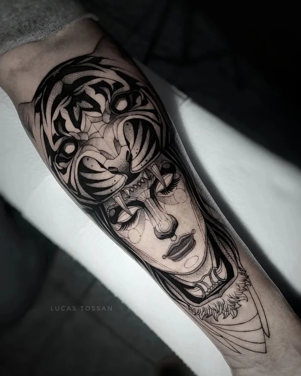 Blackwork Tiger, Face tattoo on Forearm