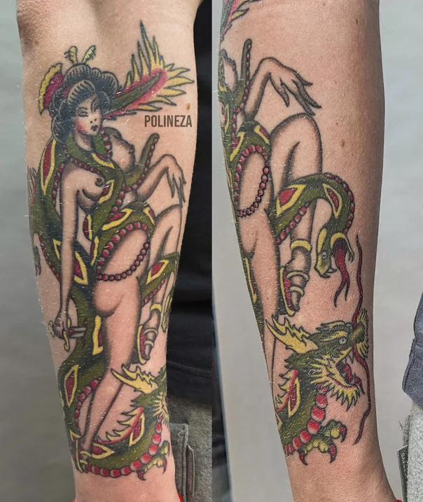 Традиционная Geisha, Dragon tattoo на Предплечье