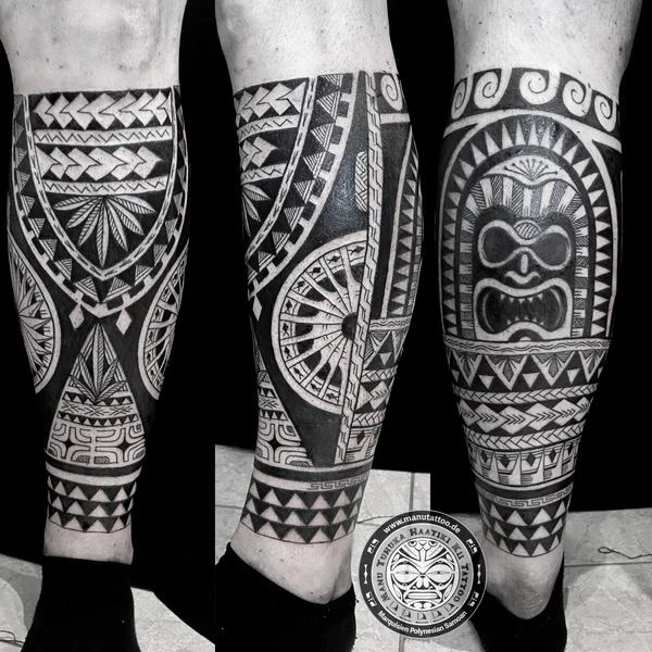 Tribal Geometric, Mask tattoo on Calf