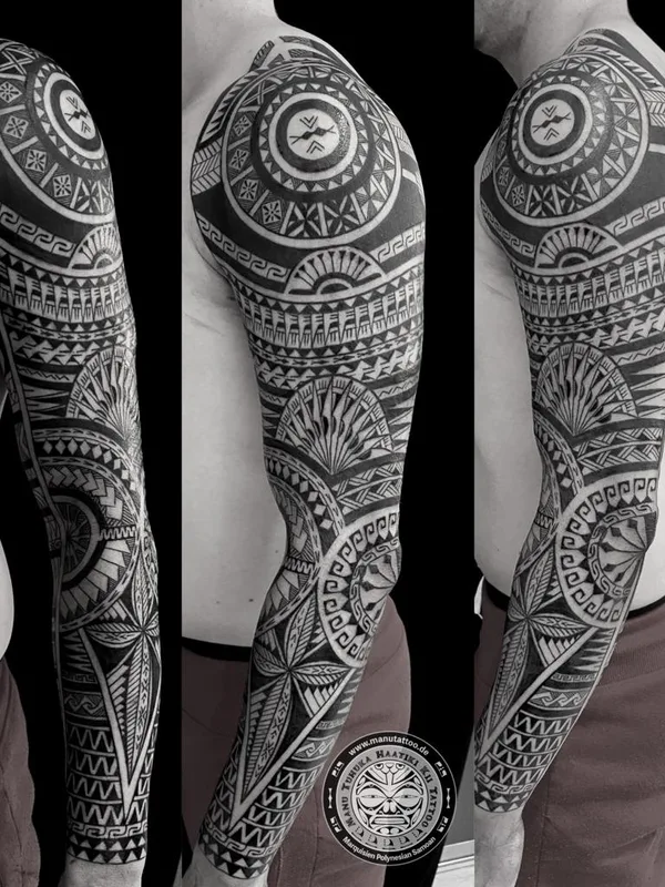 male black tribal 纹身 在 full sleeve #68673 | 纹身师 Manu Kelley