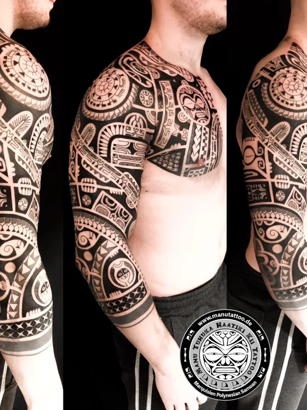 male black tribal 纹身 在 full sleeve #68665 | 纹身师 Manu Kelley