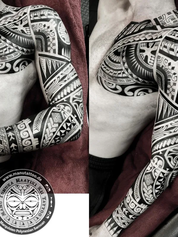 male black tribal 纹身 在 full sleeve #68674 | 纹身师 Manu Kelley