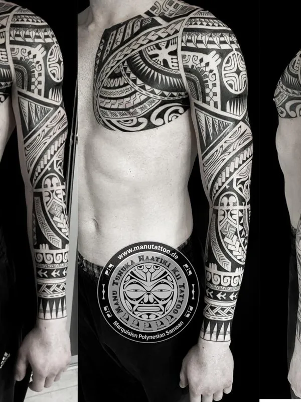 male black tribal 纹身 在 full sleeve #68669 | 纹身师 Manu Kelley