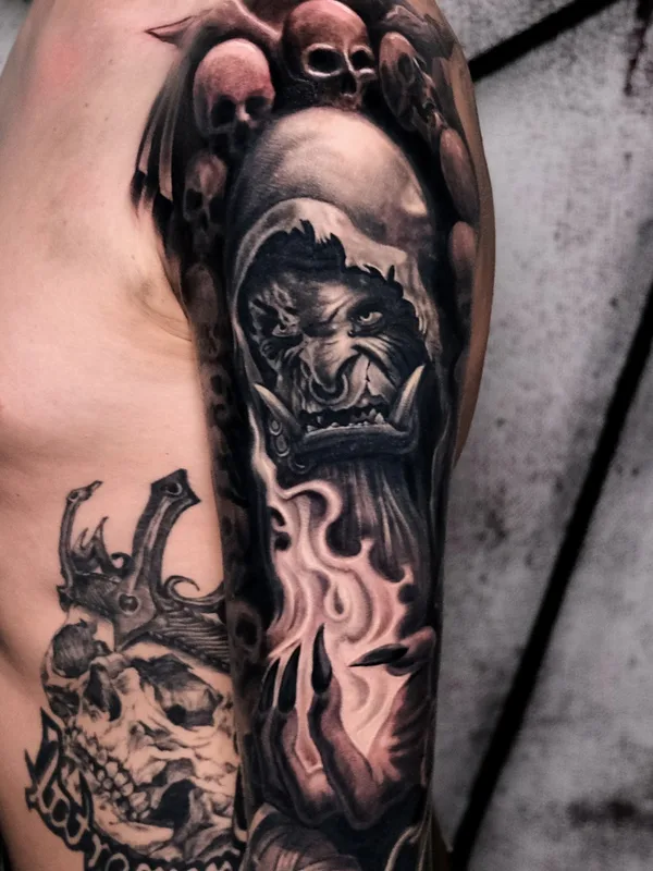 male black and grey black and grey Tatuaggio su full sleeve #68735 | Tatuatore Константин Киндяков