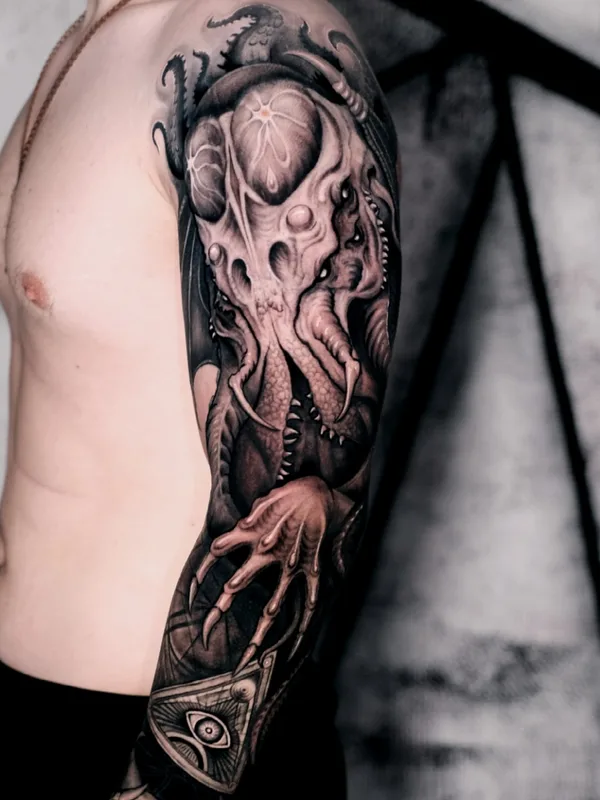 male black and grey black and grey Tatuaggio su full sleeve #68733 | Tatuatore Константин Киндяков