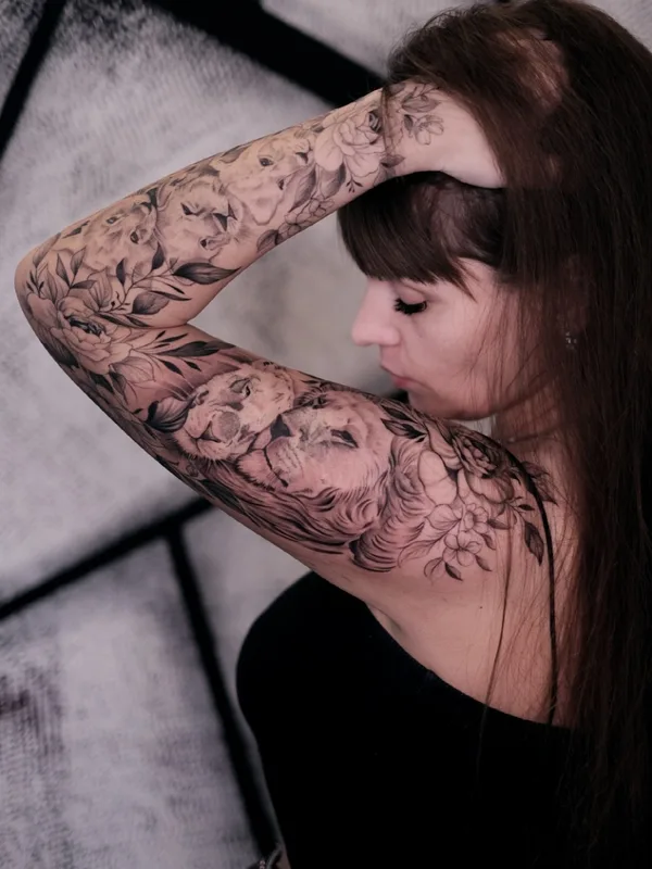 female black and grey realism Tatuaggio su full sleeve #68736 | Tatuatore Константин Киндяков