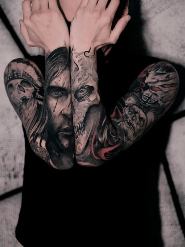 black and grey realism Tatuaggio su full sleeve #68726 | Tatuatore Константин Киндяков