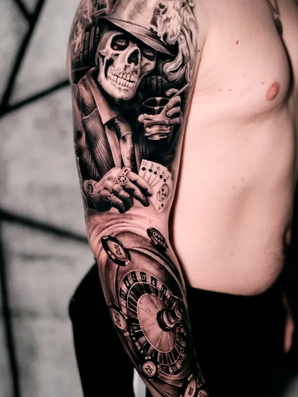 male black and grey realism Tatuaggio su full sleeve #68731 | Tatuatore Константин Киндяков
