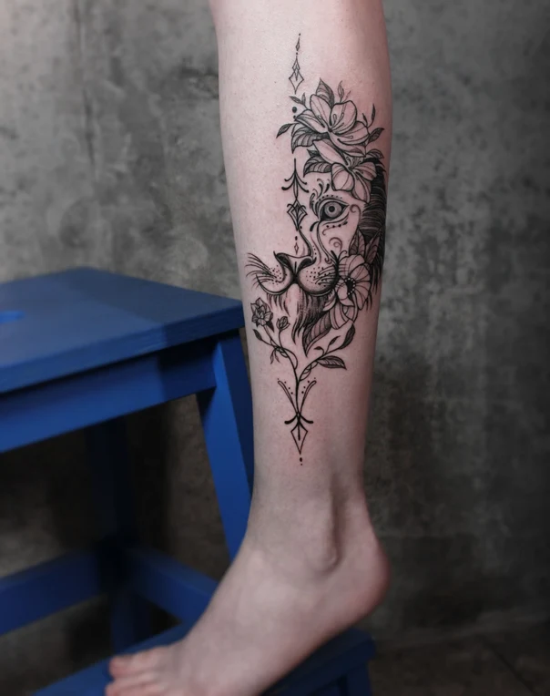 Лайнворк Lion, Flowers tattoo на Икра
