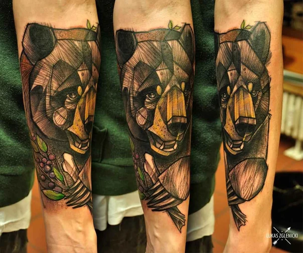 Geometric Bear, Botanic tattoo on Forearm