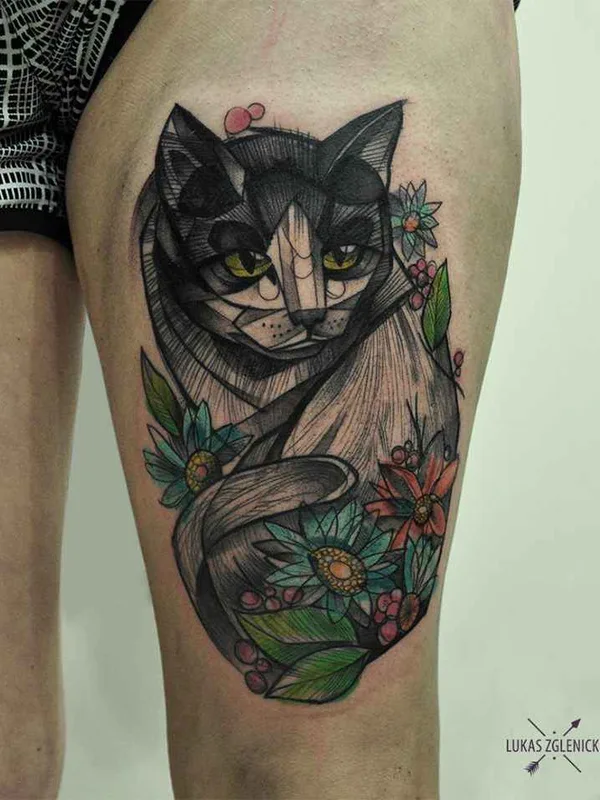 color illustrative tatuaje en thigh #400 | Tatuador Lukas Zglenicki