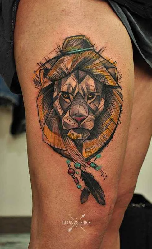 Illustrative Lion, Feather tattoo on Thigh