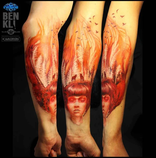 Иллюстративная Face, Forest tattoo на Предплечье