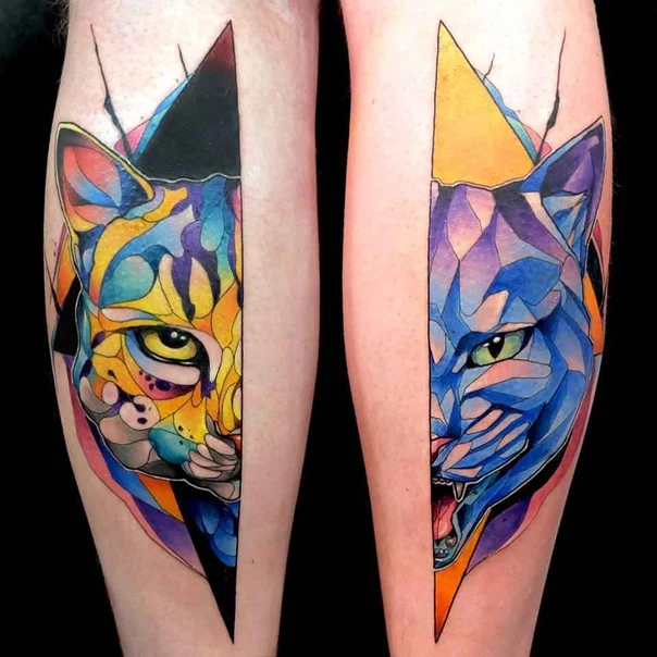 Abstract Cat tattoo on Calf