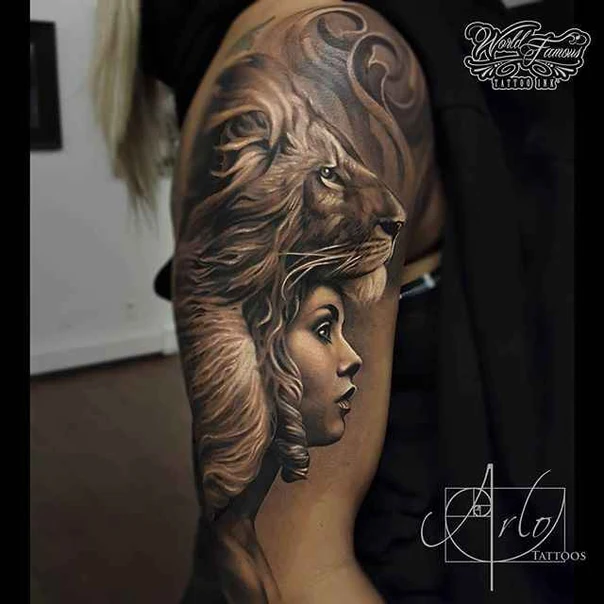 Realism Lion, Woman tattoo on Upper Arm