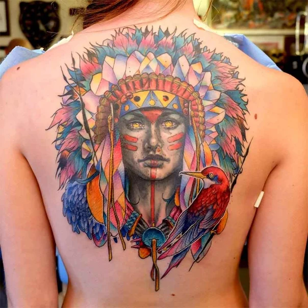 Illustrative Native american, Bird tattoo on Upper Back
