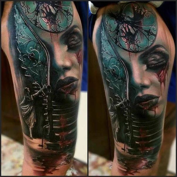 Realism Portrait, Gothic tattoo on Thigh