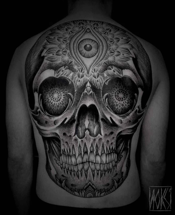 Black & Grey Skull, Eye tattoo on Full Back