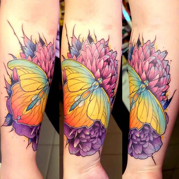 Watercolor Butterfly, Flower tattoo on Forearm