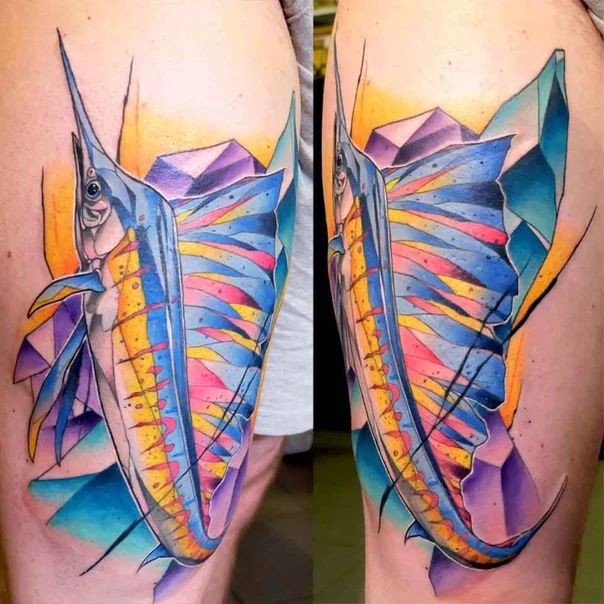 Watercolor Fish, Geometric tattoo on Thigh