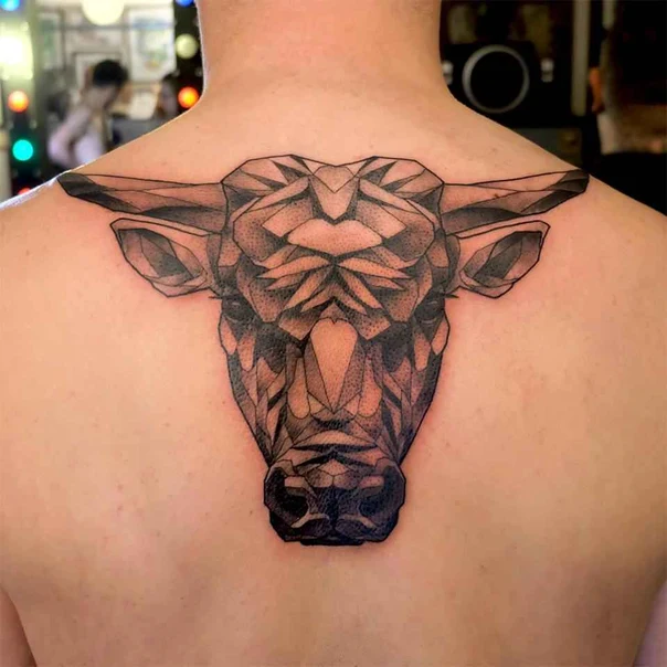 Geometric Bull tattoo on Upper Back