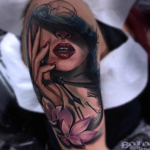 Realism Portrait, Clock tattoo on Upper Arm